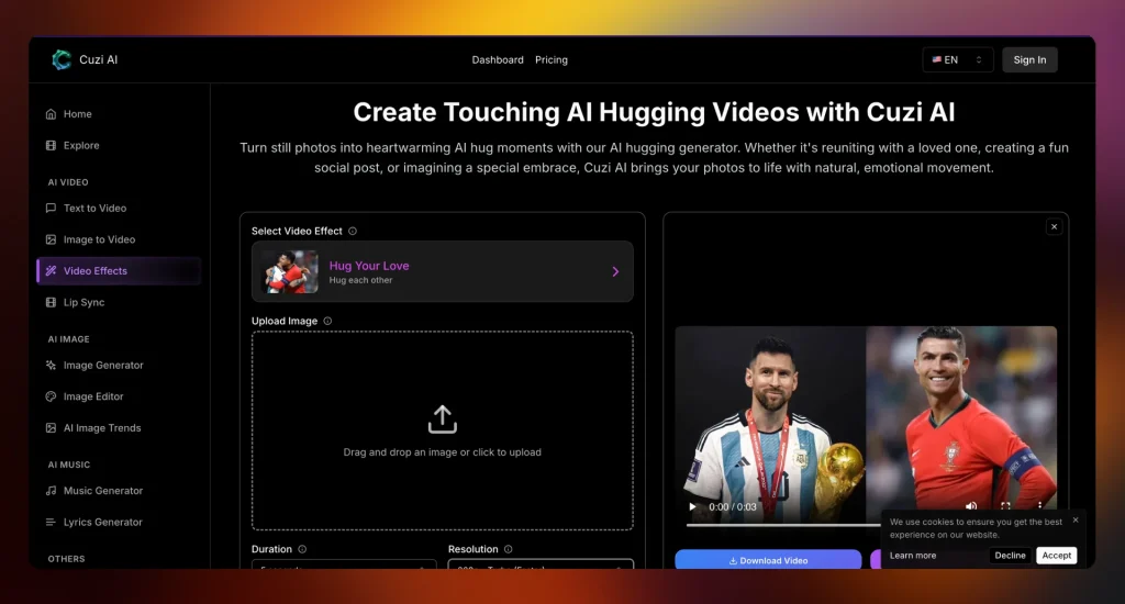 Cuzi.ai platform showcasing its “Hug Your Love” video effect option, with image upload panel and preview of AI-generated hug video using public figure portraits.