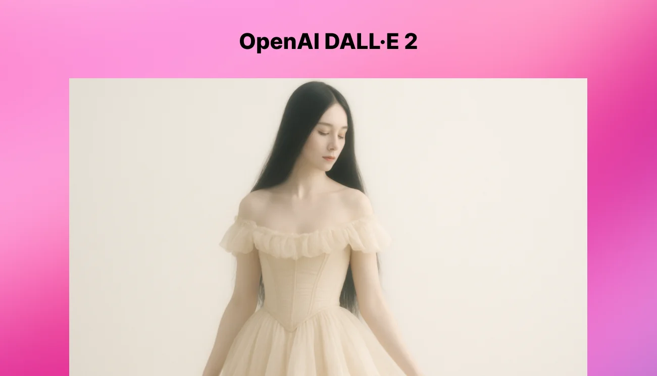 AI-generated portrait of a woman in a soft white dress using OpenAI DALL·E 2, with a pink gradient background.