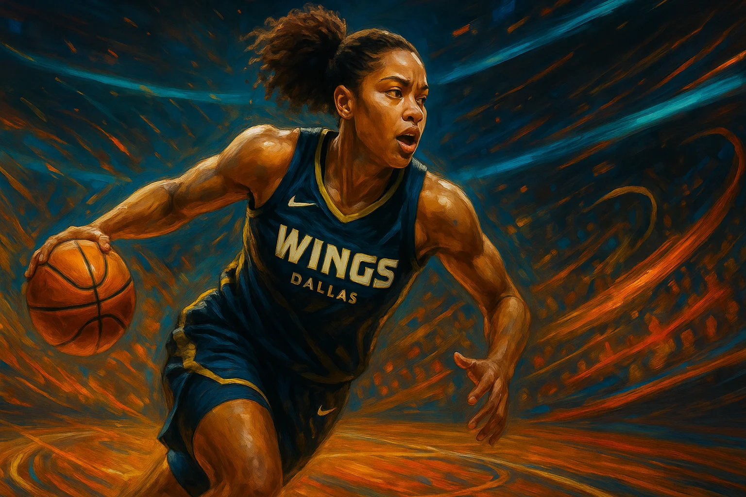 A dynamic Dallas Wings player mid-dribble on a digitally stylized court, highlighted by glowing blue and orange brushstrokes.
