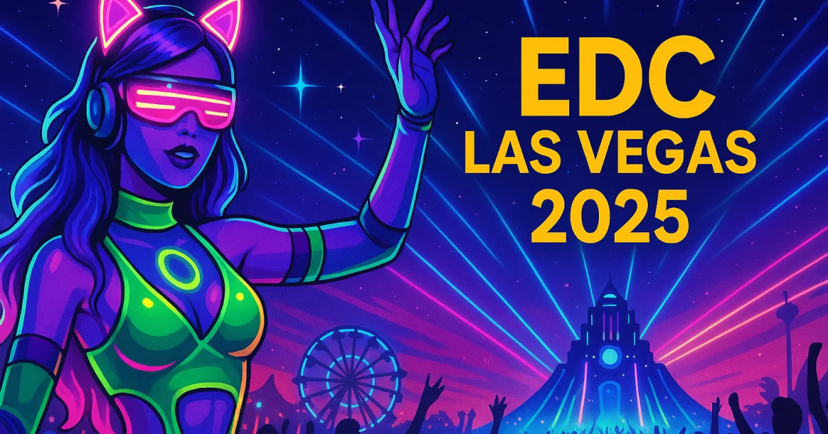 EDC-inspired fantasy artwork featuring a crowd dancing under starlit skies and electric visuals