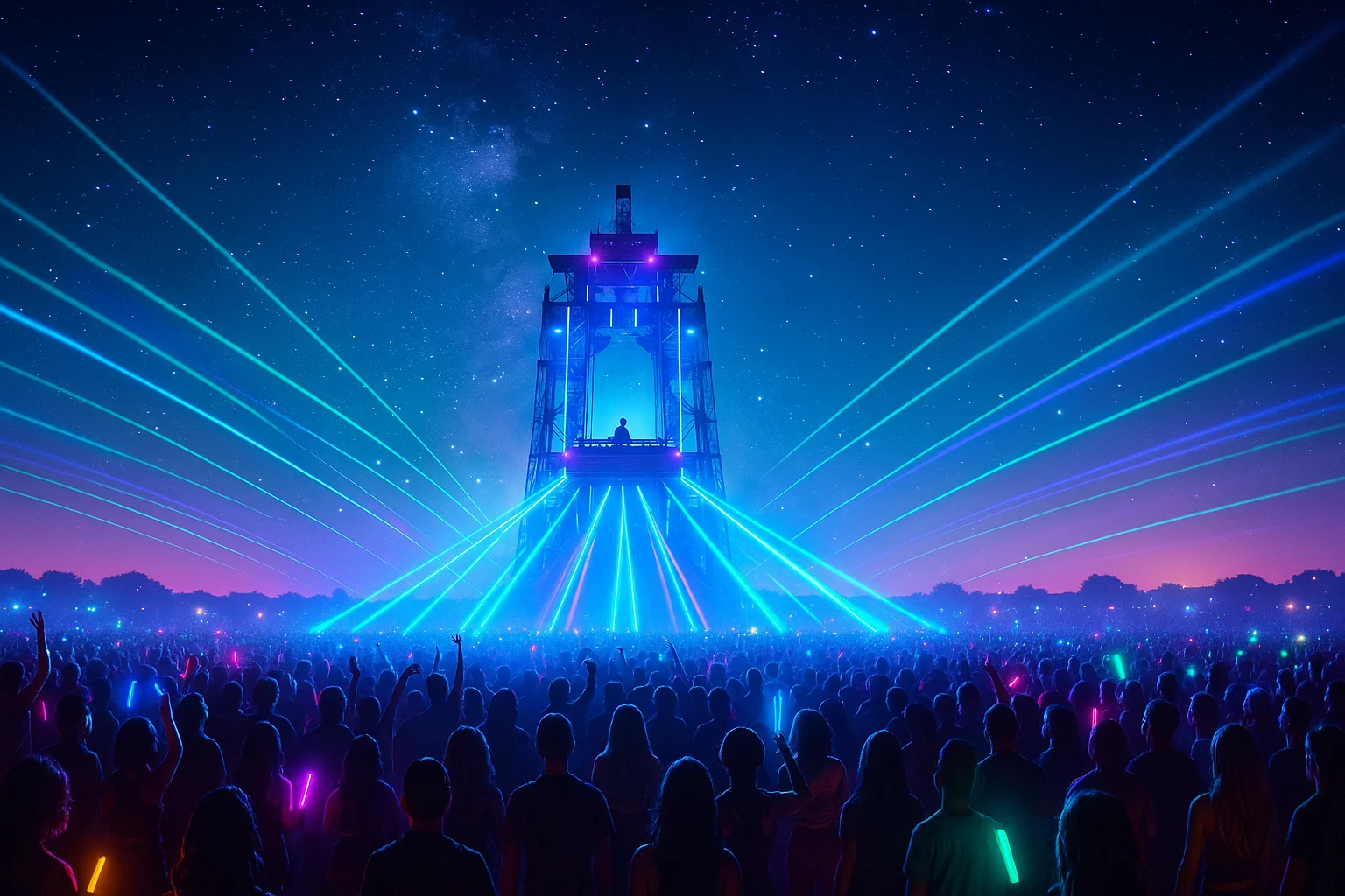 EDC Las Vegas 2025 scene with starlit sky, lasers, glowing crowd, and DJ tower
