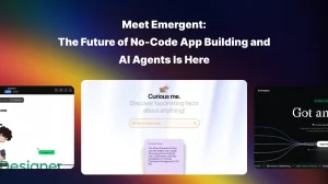 Emergent AI platform interface with no-code app builder, AI agent interaction, and product showcase, highlighting a modern, gradient-based promotional layout.