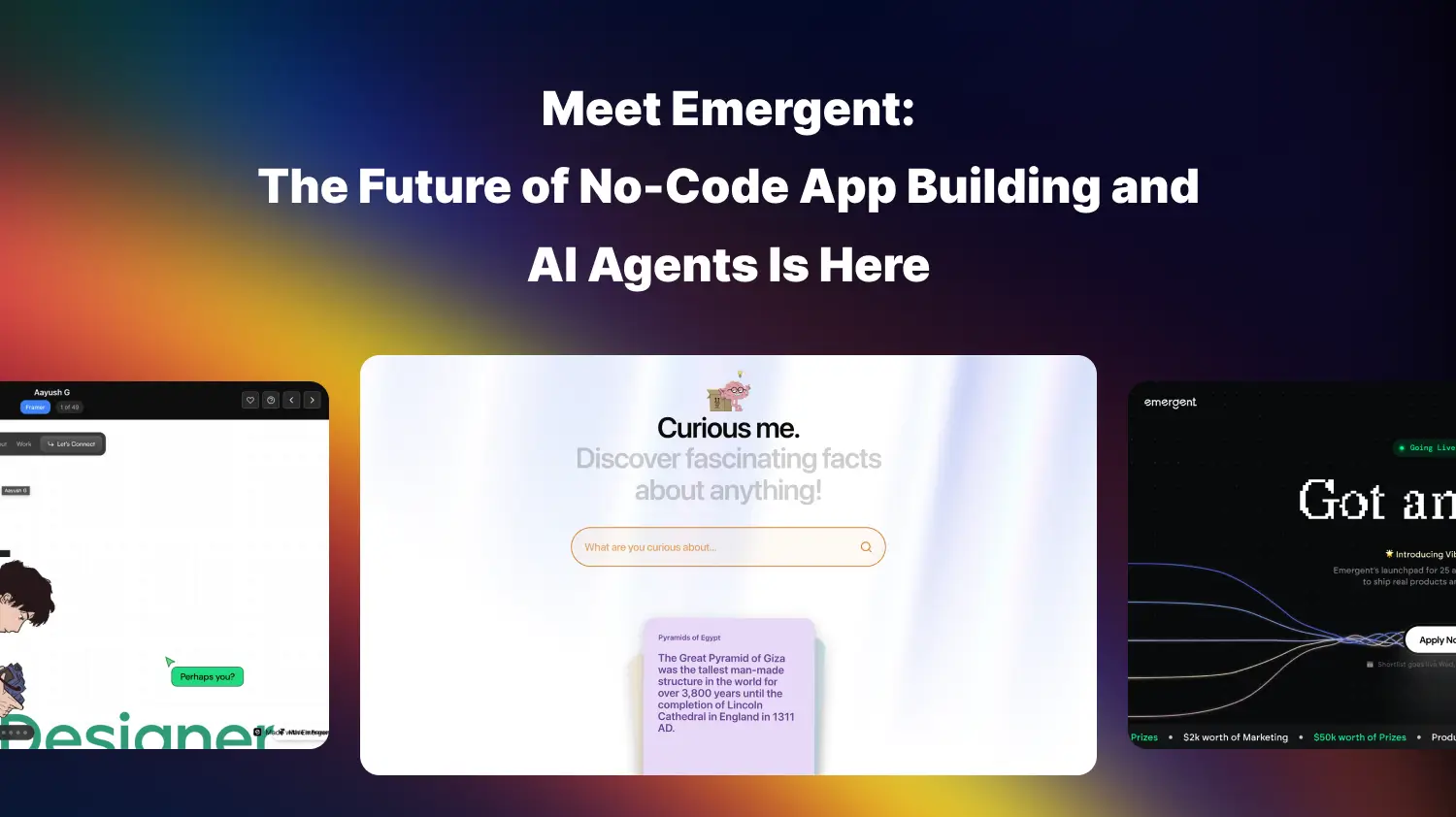 Emergent AI platform interface with no-code app builder, AI agent interaction, and product showcase, highlighting a modern, gradient-based promotional layout.