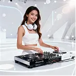 Female DJ performing on a modern stage with DJ controller