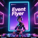 Futuristic AI-generated event flyer design featuring a neon-lit DJ scene with holographic text and glowing colors.
