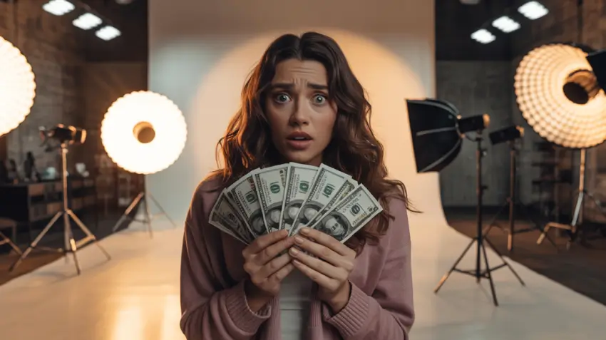 A young woman standing in an expensive-looking photography studio holds several dollar bills in her hands, looking shocked and worried as bright studio lights and professional camera equipment surround her in the background.
