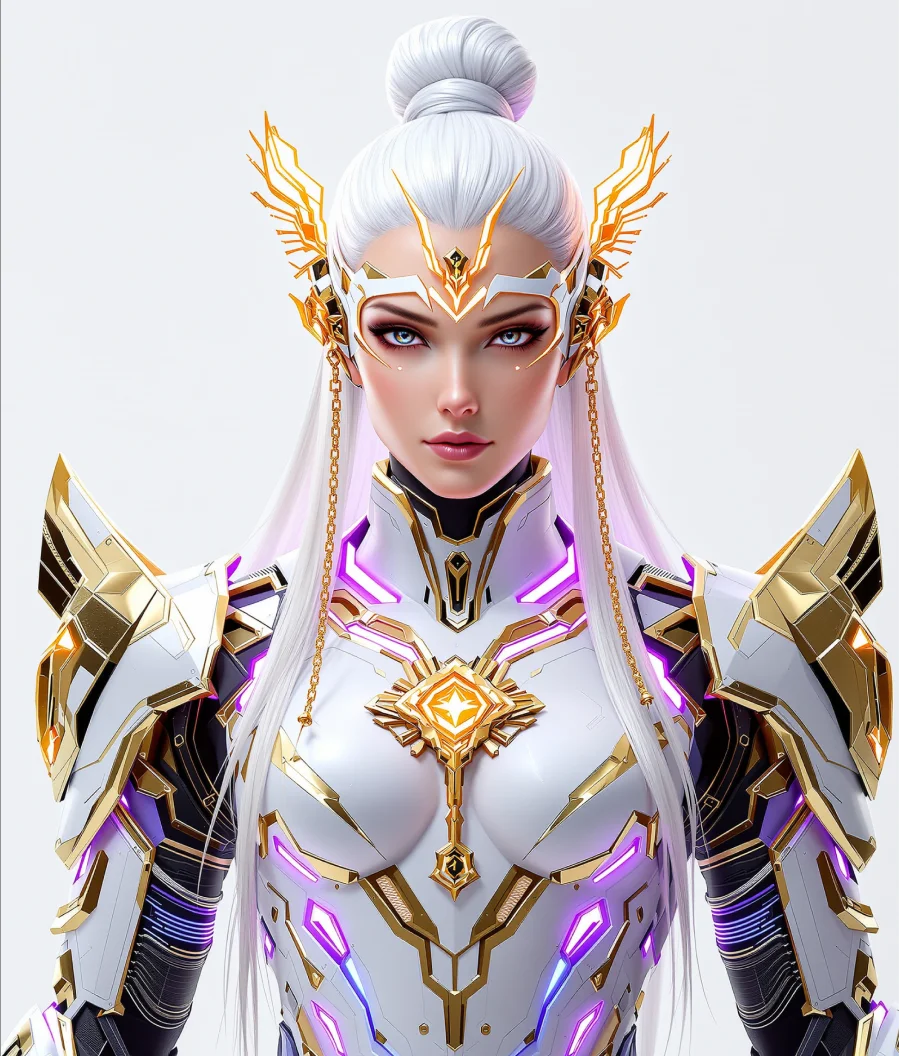 Fantasy-Warrior-Princess-Mascot-in-futuristic-gold-and-white-armor-–-high-end-3D-fantasy-NFT-mascot