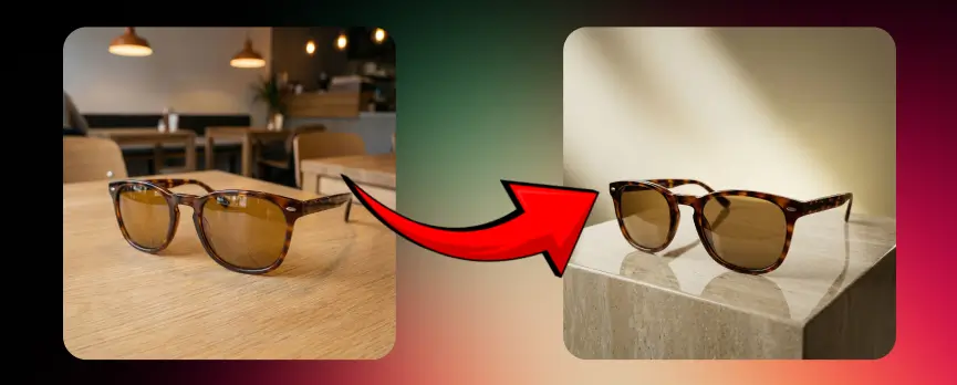 AI product photography example of sunglasses transformed from a casual table photo into a premium fashion accessories product shoot