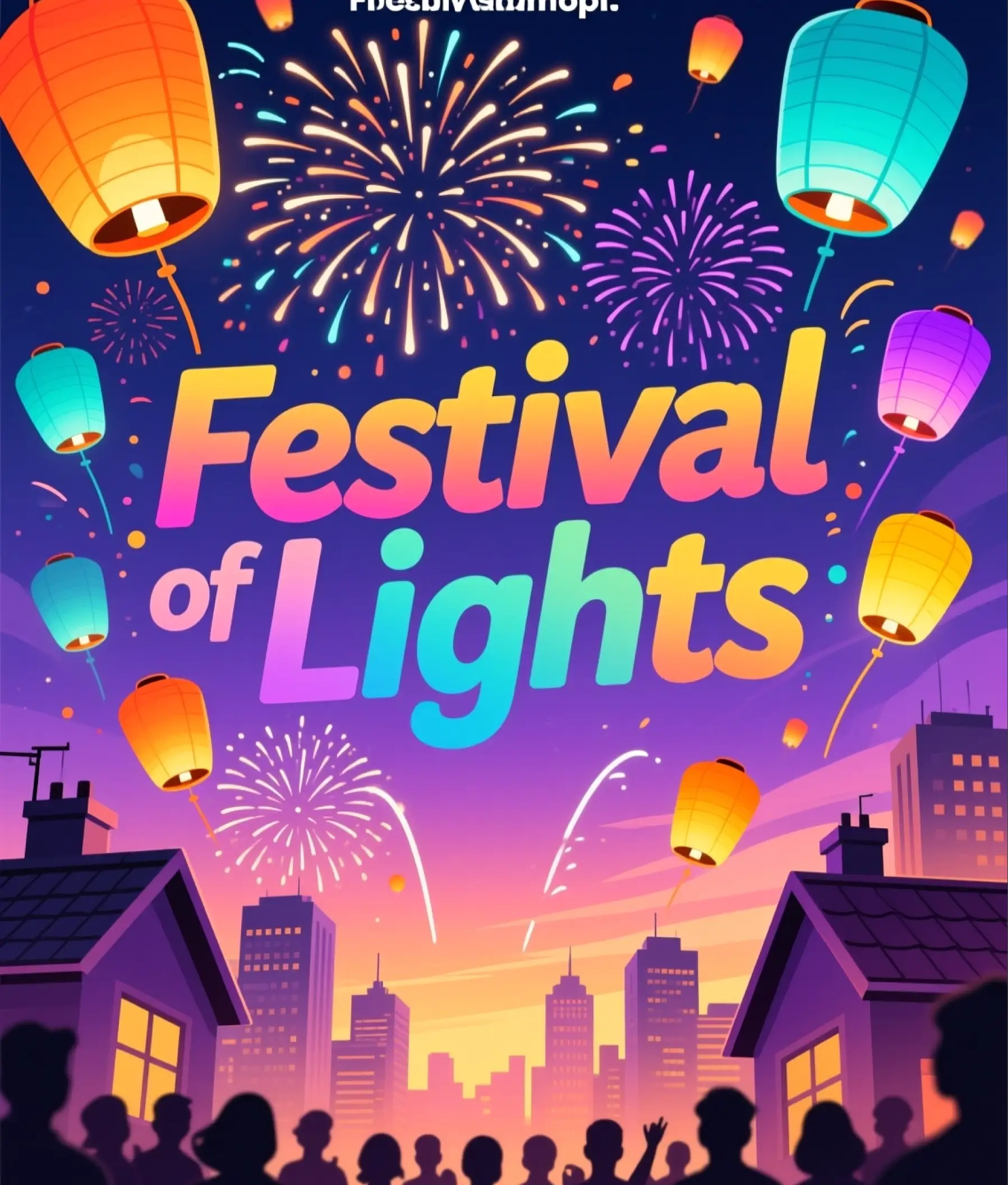 Festival of Lights flyer design with glowing lanterns, fireworks, and a city skyline in vibrant colors.