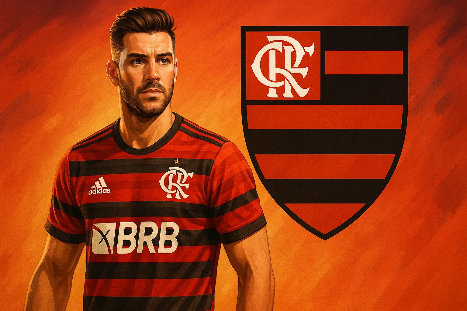 AI fan art of a Flamengo football player in red and black, standing in a vibrant Rio stadium at sunset. Flamengo AI football illustration.