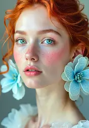 AI-generated elegant portrait of a red-haired woman with floral freckles and delicate blue flowers as accessories