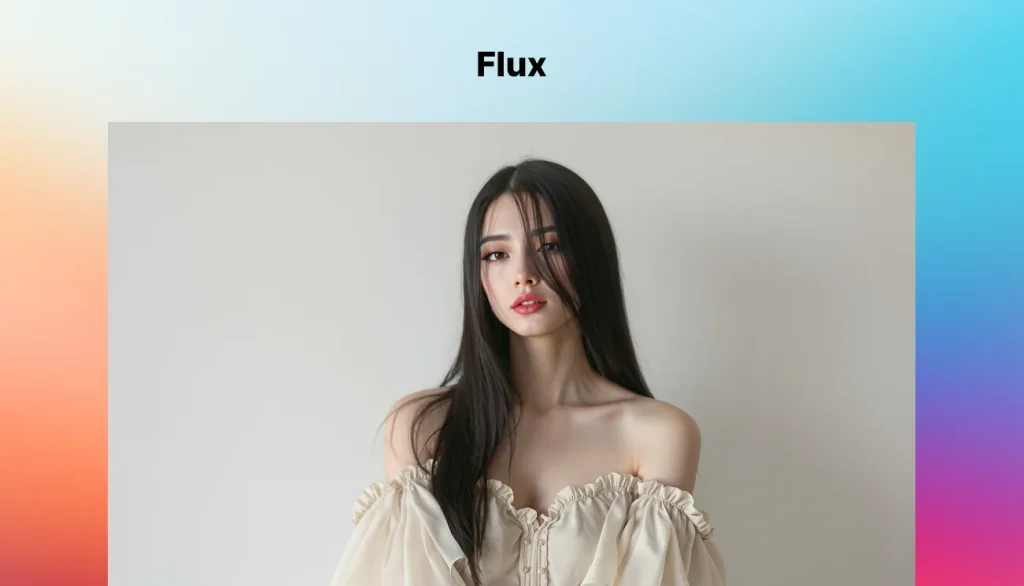 AI-generated image of a woman with long black hair and layered dress, generated using Flux AI with a soft pastel background.