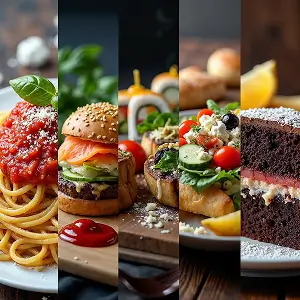 AI-generated high-resolution food images including burgers, pasta, desserts, and drinks