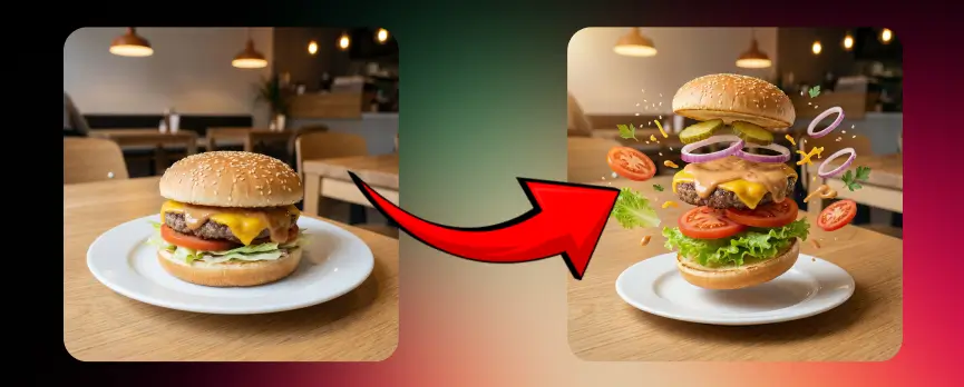 AI product photography before and after showing a burger transformed from a simple restaurant table photo into a dynamic food advertising image