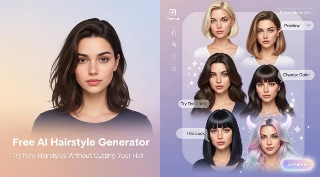 Split-screen image showing a woman with natural hair on the left and six AI-generated hairstyle variations on the right, including different cuts and colors, with UI elements like 'Try This Look' and 'Generate' to represent an AI hairstyle generator tool.