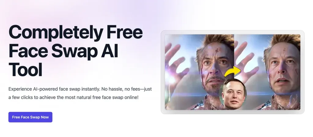 Screenshot of FreeFaceSwapAI homepage showcasing free face swap tool with example results
