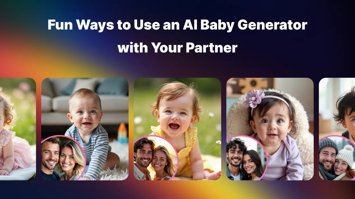 Banner with the title 'Fun Ways to Use an AI Baby Generator with Your Partner' displayed over a colorful gradient background. Below the title are images of smiling babies, each paired with a circular photo of a couple, showing the baby result generated from their faces.
