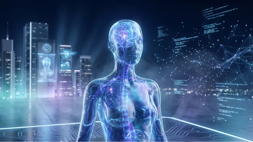 Futuristic transparent humanoid AI with glowing neural network brain standing in a digital city with holographic data and code streams.