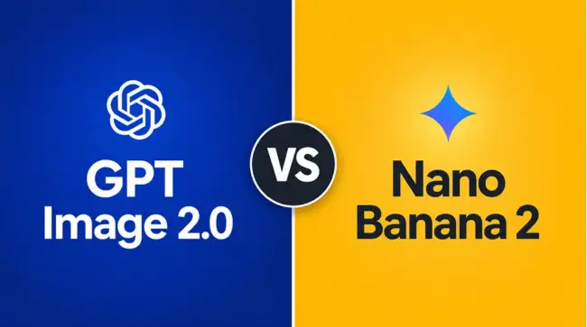 Split-screen comparison graphic showing GPT Image 2.0 logo on the left in deep blue and Nano Banana 2 logo on the right in warm yellow, with a vs symbol in the middle, clean modern editorial style
