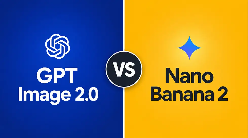 Split-screen comparison graphic showing GPT Image 2.0 logo on the left in deep blue and Nano Banana 2 logo on the right in warm yellow, with a vs symbol in the middle, clean modern editorial style