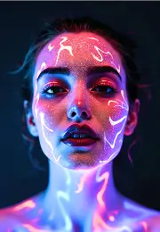 AI-generated futuristic portrait of a woman with glowing purple and pink paint on her face under blacklight