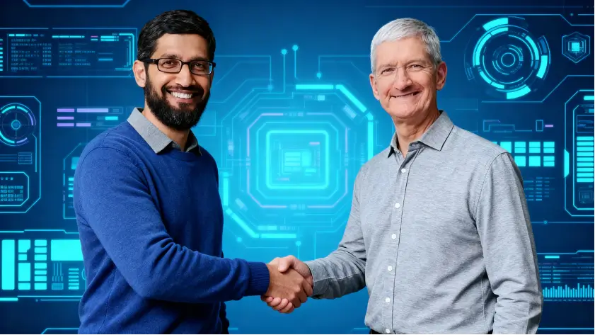 Two technology executives shaking hands in front of a digital AI interface background