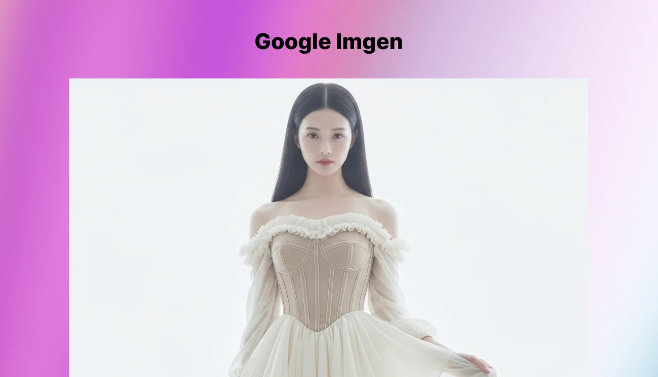 Photorealistic AI image of a woman in an off-shoulder white dress generated using Google Imagen, framed with a lavender tone.