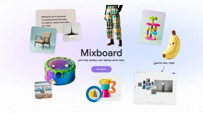 Google Mixboard interface showing an AI-powered concepting board with images, text, and creative ideas on an open canvas.