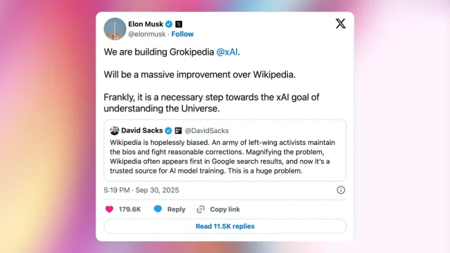 Elon Musk’s X post announcing Grokipedia as an AI alternative to Wikipedia, calling it a major improvement.