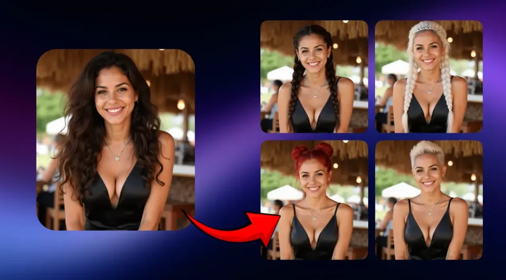 A woman’s hairstyle is transformed into four different AI-generated variations using the AI Hairstyle Generator. The original image shows her with long, wavy dark hair, while the results display braided hair, platinum blonde braids, red space buns, and a short platinum pixie cut — showcasing the power of AI Hairstyle tools to preview new looks instantly.