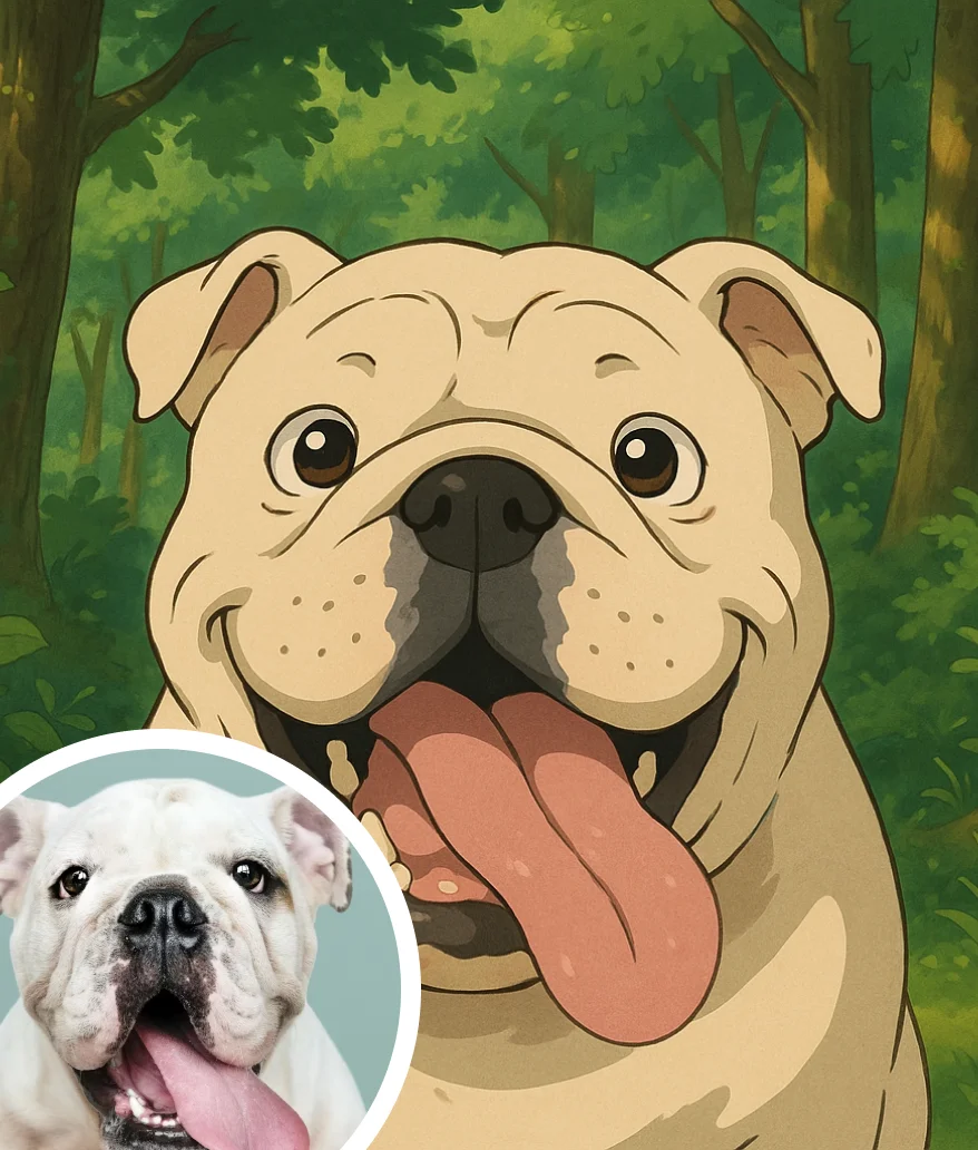 Whimsical Ghibli-style depiction of a cheerful bulldog with its tongue out, set in a sunny enchanted forest with vibrant foliage and soft, earthy tones