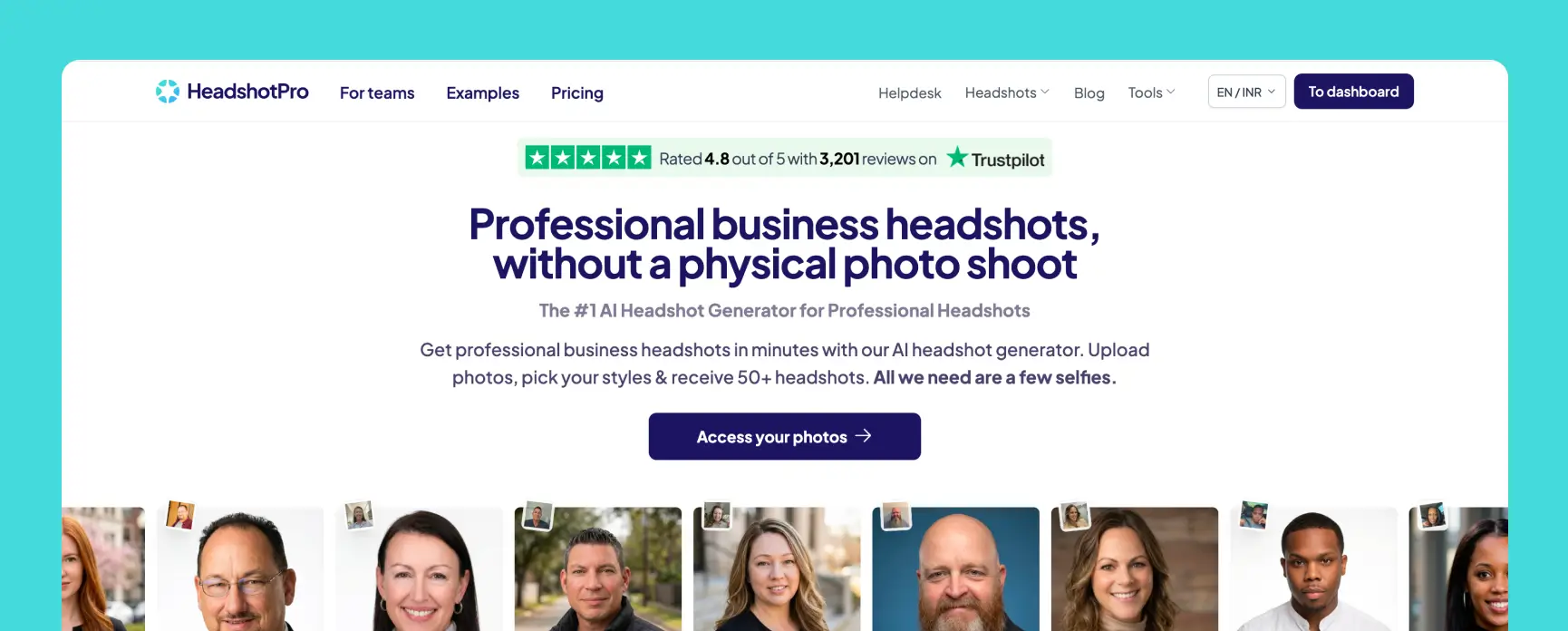 Headshot Pro professional AI headshot generator homepage showing business headshot examples, team-focused features, user ratings, and upload workflow.