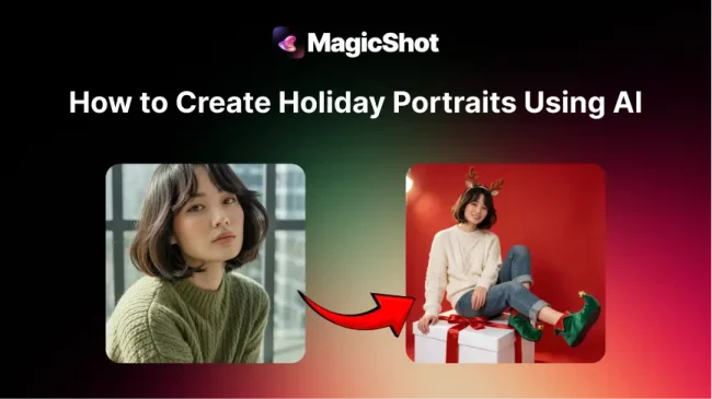 AI holiday portrait transformation showing a woman’s photo turned into a festive Christmas avatar using MagicShot.