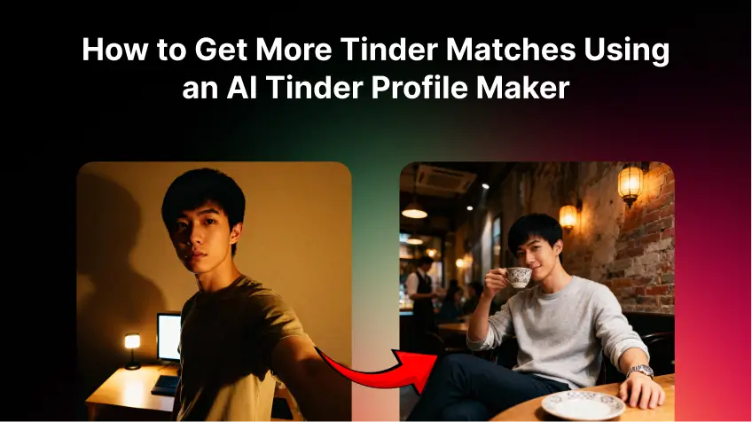 Before and after comparison showing how AI Tinder photos can improve profile pictures, featuring a man’s casual indoor photo transformed into a more engaging lifestyle portrait.