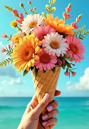 AI-generated vibrant floral bouquet arranged in an ice cream cone held against a bright tropical background