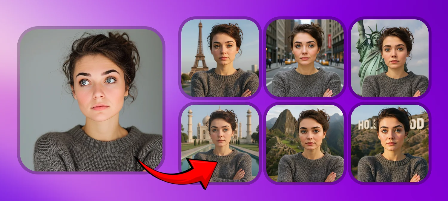 A comparison image showing a woman’s original photo on the left, and six AI-generated travel photos on the right placing her in front of iconic landmarks including the Eiffel Tower, Times Square, Statue of Liberty, Taj Mahal, Machu Picchu, and the Hollywood sign.