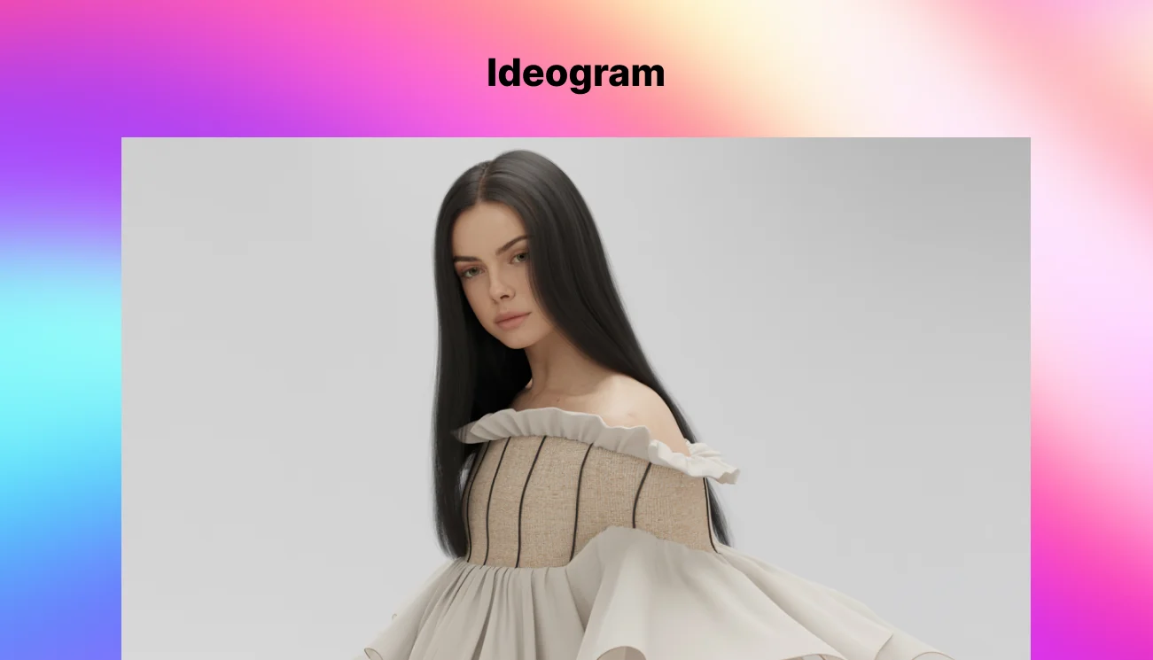 AI-generated woman in a flowing cream-colored gown with a minimalist backdrop, created with Ideogram AI.