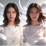 Side-by-side portrait showing realistic and enhanced versions of the same person with soft lighting and artistic effects.