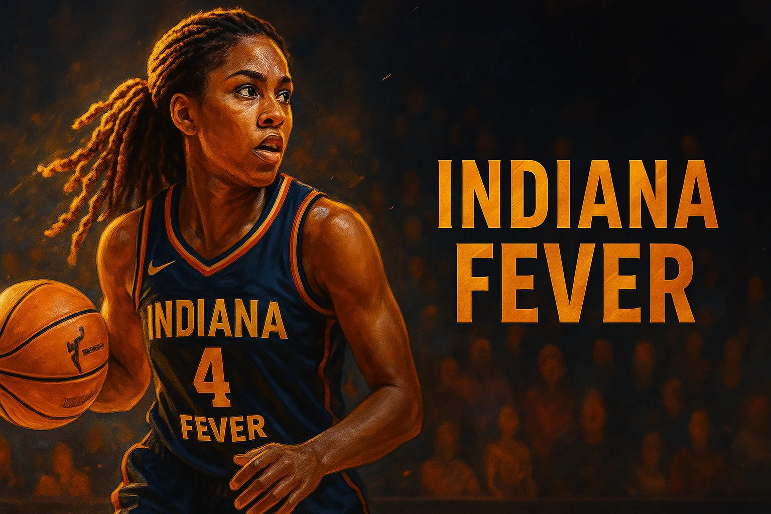 A digital painting of an Indiana Fever player focused in-game, wearing a navy jersey with gold trim, set against a glowing red-orange background.
