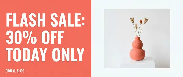 Flash sale banner with 30% off today only text and minimal coral vase product display