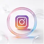 Glossy Instagram logo icon inside a soft circular frame on a white minimal background.