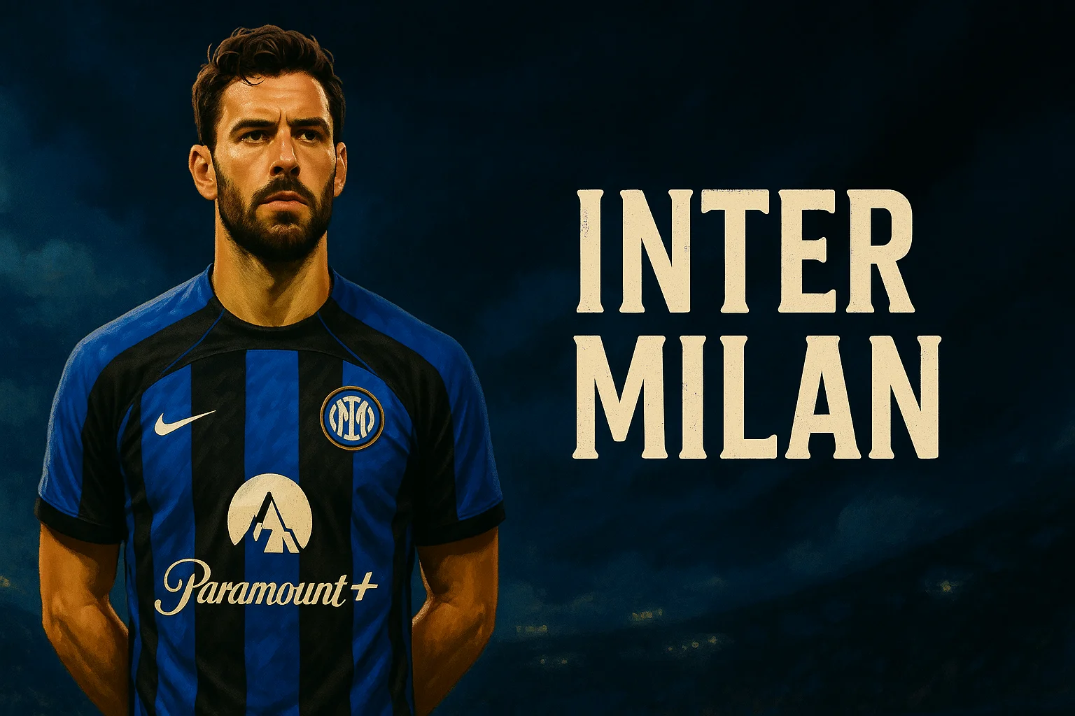 Inter Milan player in a digitally painted AI style, wearing black and blue stripes with a stadium background. Inter Milan AI art poster.