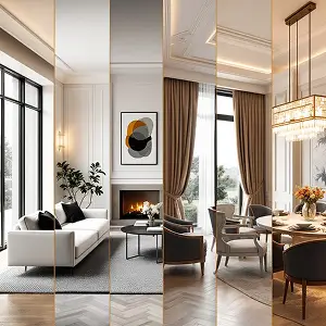 AI-generated modern luxury interior room concepts with elegant lighting and furniture