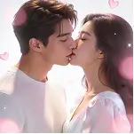 Romantic couple sharing a kiss with soft pink heart effects and dreamy lighting on a white background.