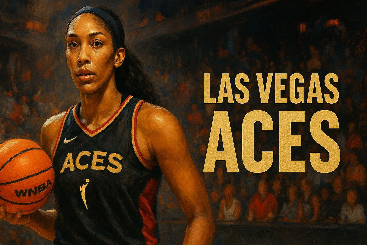 A determined Las Vegas Aces player holding a basketball, dressed in a black jersey, with a deep, dramatic crowd background and gold “ACES” text.