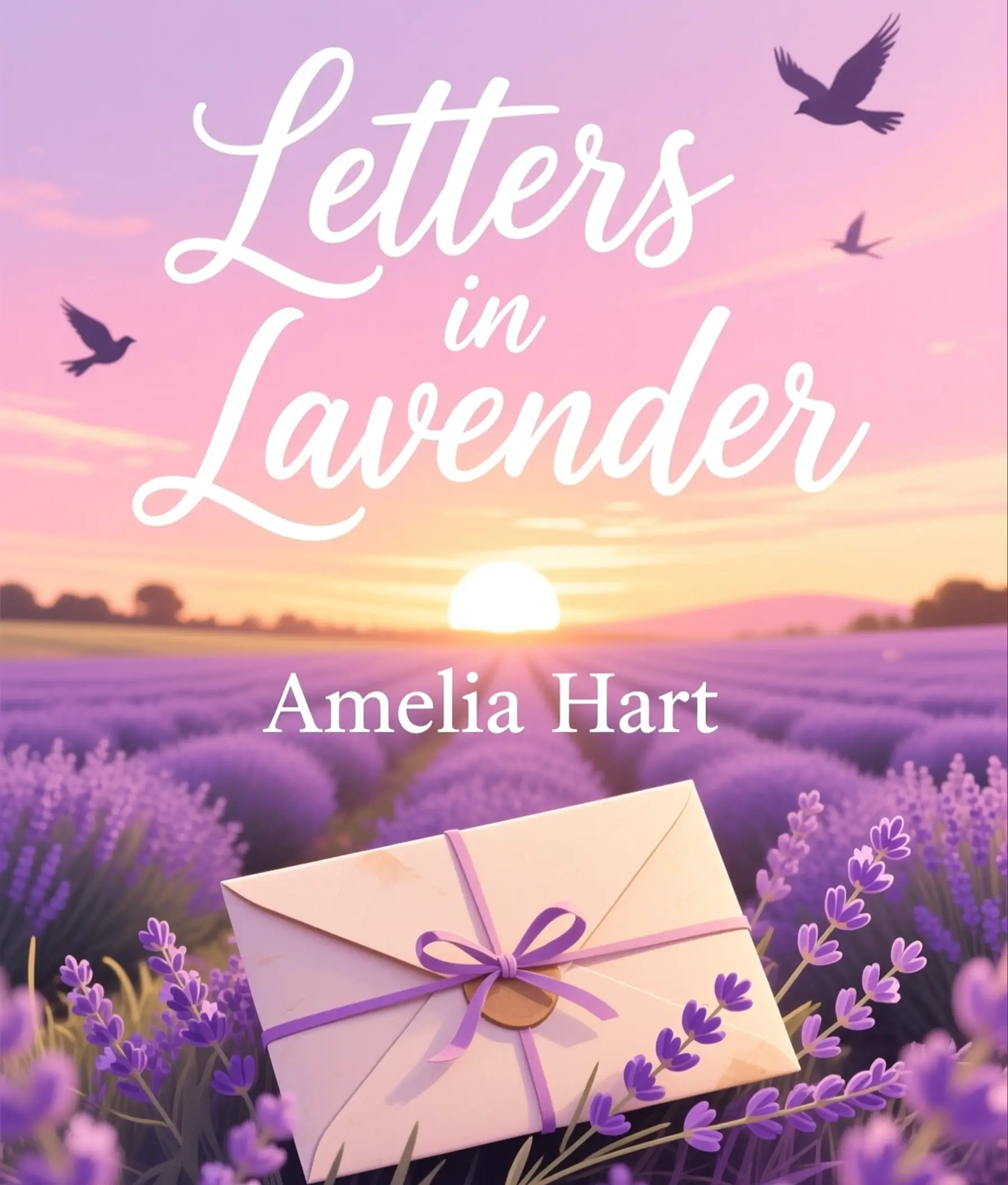 Romantic book cover Letters in Lavender by Amelia Hart showing lavender fields, sunset sky, and sealed love letter.
