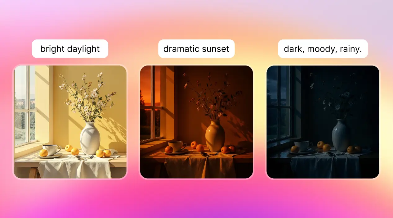 Three side-by-side images of a vase with flowers and fruit on a table by a window, demonstrating different lighting effects from an AI Photo Generator. The left image shows 'bright daylight,' the middle shows 'dramatic sunset' with warm orange tones, and the right shows a 'dark, moody, rainy' scene.