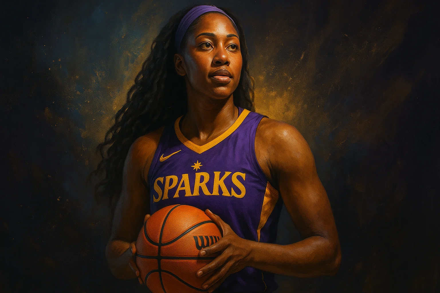 A confident Los Angeles Sparks player holding a ball in both hands, standing against a dramatic purple and gold backdrop.