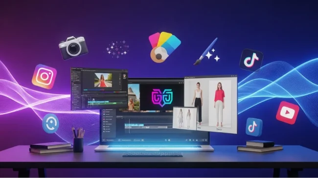 Futuristic workspace setup with a glowing laptop displaying MagicShot AI creative tools, including video editing, photo retouching, and fashion try-on features. Surrounded by 3D icons of a camera, paint palette, brush, and social media platforms like Instagram, TikTok, and YouTube, with neon wave light effects in the background.