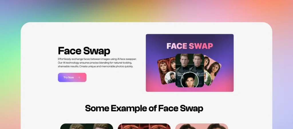 MagicShot face swap homepage displaying vibrant design and face swap generation tool